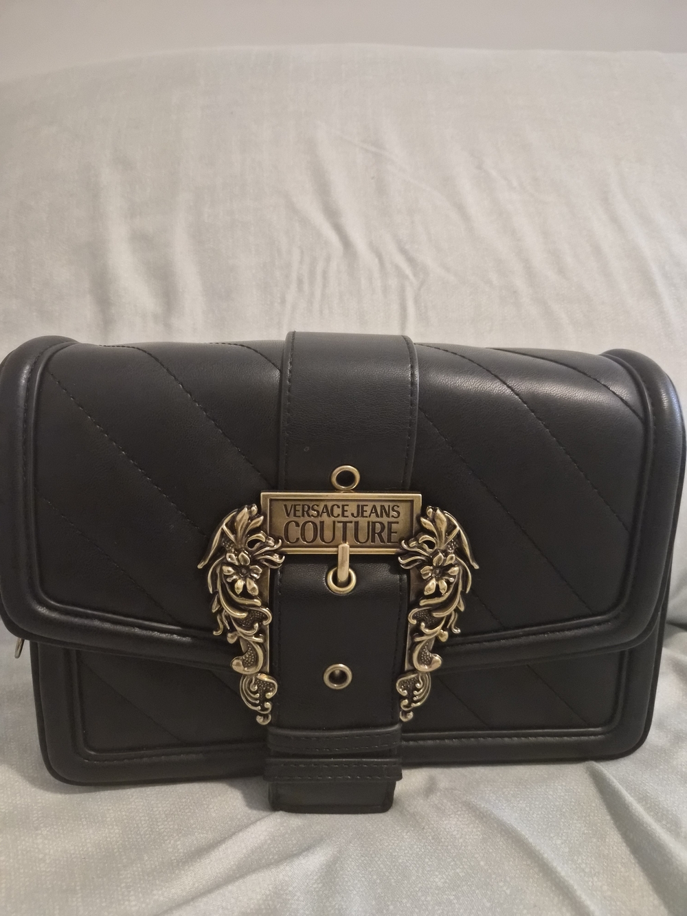 Versace Jeans Collection Black Quilted Shoulder Bag with Gold Ornate Plaque